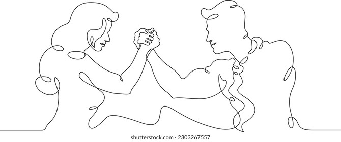 One continuous line. Rivalry. Dispute between a woman and a man. A duel of two sexes. Dispute. Man versus woman. One continuous line drawn isolated, white background.