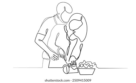 one continuous line romantic couple cooking together.one line drawing of young couple cooking in the kitchen.single line vector illustration.isolated white background