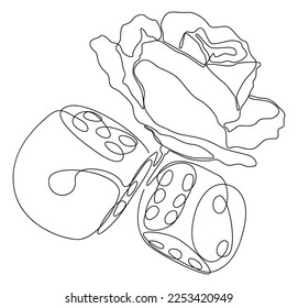 One continuous line of Rose flower with dice. Thin Line Illustration vector concept. Contour Drawing Creative ideas.