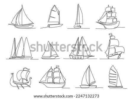 One continuous line sailing ship. Hand drawn different types of sailboat, ships and sailing yacht isolated vector illustration set. Ocean or sea vessel for traveling, sport or recreation,