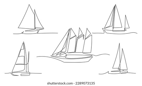 One continuous line sailing ships set.Isolated vector illustration