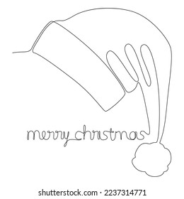 One continuous line of Santa Claus Hat and Merry Christmas text. Thin Line Illustration vector concept. Contour Drawing Creative ideas.