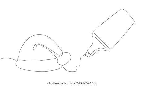 One continuous line of Santa Claus hat drawn with a pencil, felt tip pen. Thin Line Christmas Illustration vector concept. Contour Drawing Creative Holiday ideas.