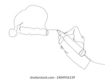 One continuous line of Santa Claus hat drawn with a pencil, felt tip pen. Thin Line Christmas Illustration vector concept. Contour Drawing Creative Holiday ideas.