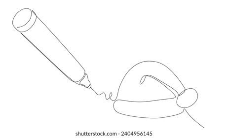 One continuous line of Santa Claus hat drawn with a pencil, felt tip pen. Thin Line Christmas Illustration vector concept. Contour Drawing Creative Holiday ideas.