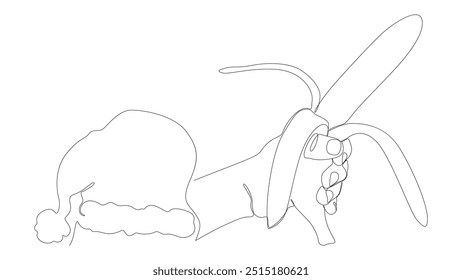 One continuous line of Santa Claus hat with banana. Thin Line Illustration vector concept. Contour Drawing Creative ideas.