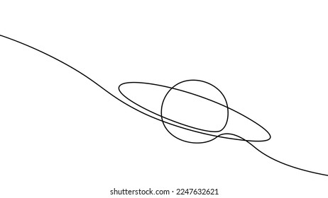 Un concepto continuo de astronomía de línea saturn planeta. Logo del espacio dibujo de una sola línea de círculo orbital. Ilustración gráfica vectorial de estilo científico