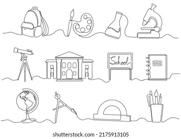 One continuous line school supplies  Minimalist hand drawn backpack  school building   globe  Education vector Illustration set  Objects for different learning classes as geography  chemistry