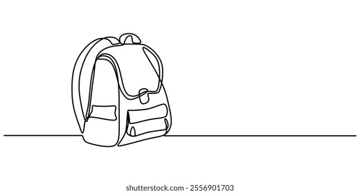 One continuous line school supplies. Minimalist hand drawn backpack, school building and globe, Single one line drawing of school bag for kindergarten student. Back to school minimalist, education.