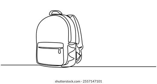 One continuous line school supplies. Minimalist hand drawn backpack, school building and globe, Single one line drawing of school bag for kindergarten student. Back to school minimalist, education. 