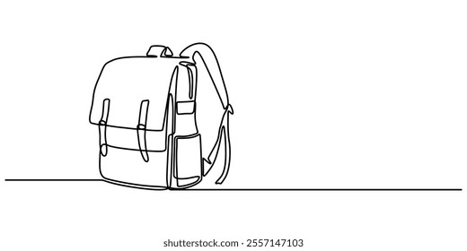 One continuous line school supplies. Minimalist hand drawn backpack, school building and globe, Single one line drawing of school bag for kindergarten student. Back to school minimalist, education. 