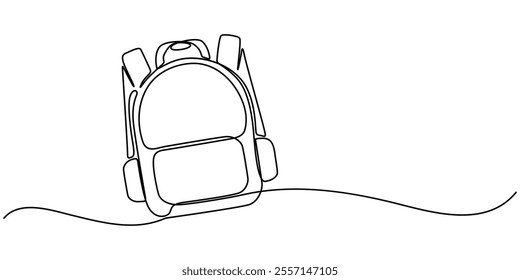 One continuous line school supplies. Minimalist hand drawn backpack, school building and globe, Single one line drawing of school bag for kindergarten student. Back to school minimalist, education. 