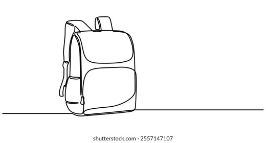 One continuous line school supplies. Minimalist hand drawn backpack, school building and globe, Single one line drawing of school bag for kindergarten student. Back to school minimalist, education. 