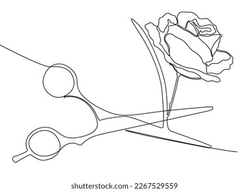 One continuous line of scissor with rose flowers. Thin Line Illustration vector concept. Contour Drawing Creative ideas.