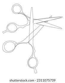 Una línea continua de tijera. Herramienta de trabajo de peluquero vectorial de la Ilustración de líneas delgadas, concepto de signo. Contour Drawing Ideas Creativas.
