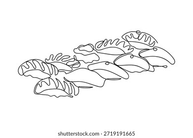 Una línea continua, conjunto de sushi, comida japonesa. una línea dibujada. concepto lineal.