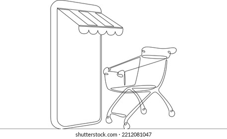 One continuous line. Shop online. Application on the phone. Shopping cart. One continuous line is drawn on a white background.