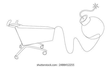 Una línea continua de Carrito de compras con bomba. Concepto de Vector de ilustración de línea delgada. Contour Drawing Ideas creativas.