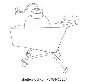 Una línea continua de Carrito de compras con bomba. Concepto de Vector de ilustración de línea delgada. Contour Drawing Ideas creativas.