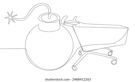 Una línea continua de Carrito de compras con bomba. Concepto de Vector de ilustración de línea delgada. Contour Drawing Ideas creativas.