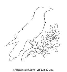 One continuous line. Silhouette of a crow. One continuous line drawing of logo isolated minimal illustration.  flat doodle animal, bird, crow, feather, wing, fight, raven