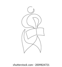 one continuous line silhouette of man with book, vector logo for knowledge day in minimalistic style. 