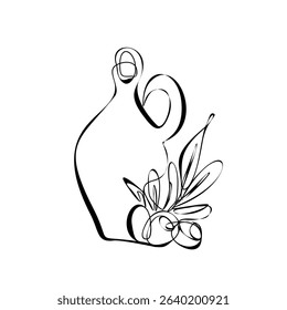 One continuous line silhouette of Olive oil in bottle and branch with fruit and green illustration.