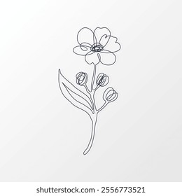 One Continuous Line of a Simple Cherry Flower with Leaves. Hand drawn spring herbs and plants. Abstract floral sketch in one continuous line drawing. Perfect as a logo, tattoo, greeting cards, website