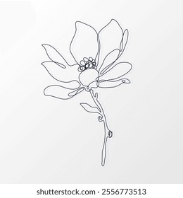 One Continuous Line of a Simple Magnolia Flower with Leaves. Hand drawn spring herbs and plants. Abstract floral sketch in one continuous line drawing. Perfect as a logo, tattoo, greeting cards
