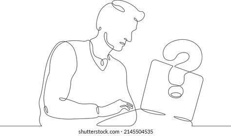 One continuous line.Man is sitting at a laptop. Search for an answer to a question on the Internet. Computer work.One continuous line drawing. Line Art isolated white background.