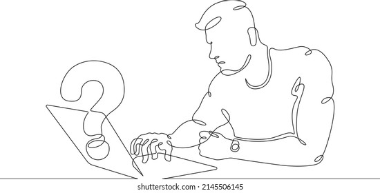 One continuous line.Man is sitting at a laptop. Search for an answer to a question on the Internet. Computer work.One continuous line drawing. Line Art isolated white background.