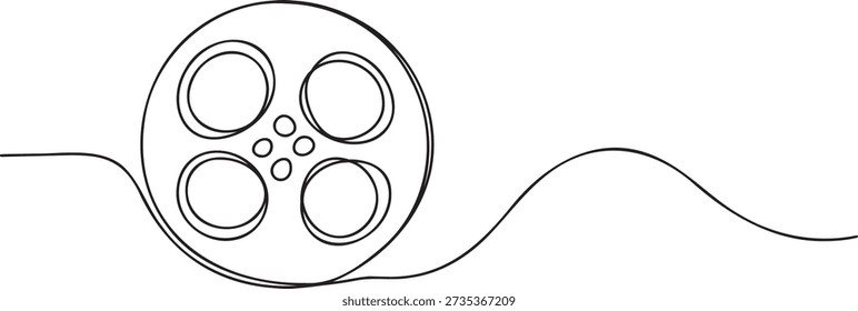 One continuous line sketch of classic film reel and ribbon. Evokes nostalgia for old cinema and production. Ideal for art, entertainment, or creative industry graphics. Simple, elegant vector art for visual projects.