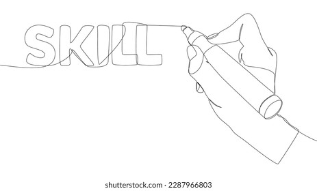 One continuous line of Skill word written by with felt tip pen. Thin Line Illustration vector concept. Contour Drawing Creative ideas.