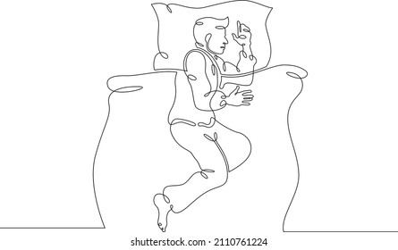 One continuous line.Man sleeps on a pillow under a blanket.Sleeping man sees dreams. Sleeping in bed.Continuous line drawing.Lineart isolated white background.