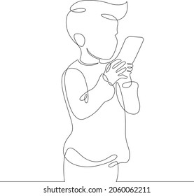 One continuous line.Kid with smartphone.Child playing with the phone. Children's gadget.One continuous drawing line logo isolated minimal illustration.