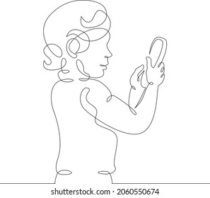 One continuous line.Kid with smartphone.Child playing with the phone. Children's gadget.One continuous drawing line logo isolated minimal illustration.