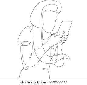 Una línea continua. Niño con smartphone.Niño jugando con el teléfono. gadget para niños.Un logotipo de línea de dibujo continua aisló una ilustración mínima.