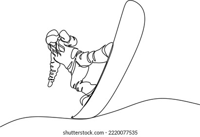 One continuous line Snowboarder jumps. Dynamical illustration.