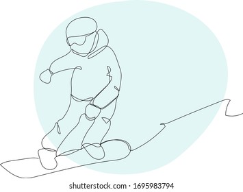 One continuous line snowboarder. Riding a snowboard on snowy mountain. Winter lifestyle, sport concept. Vector line art