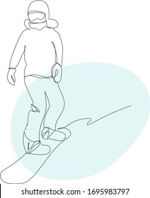 Ein kontinuierlicher Snowboarder. Reiten Sie ein Snowboard auf einem schneebedeckten Berg. Winterlifestyle, Sportkonzept. Vektorillustration