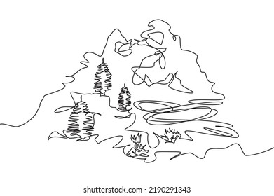 One continuous line of snowy green mountains in Europe with special cypress trees. Vector illustration of snowy mountains and cypress trees as recreation icon, adventure logo, and travel poster.