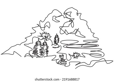 One continuous line of snowy green mountains in Europe with special cypress trees. Vector illustration of snowy mountains and cypress trees as recreation icon, adventure logo, and travel poster. Eps10