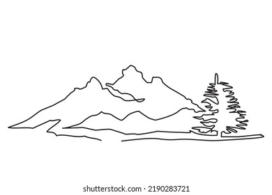 Eine durchgehende Linie schneebedeckter Berge und Fichte in Europa. Vektorgrafik schneebedeckter Berge und Fichtenwälder als Erholungssymbole, Abenteuerlogos, Reiseplakate und Tourismuskarten. 