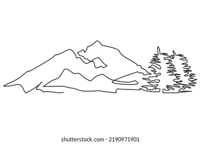 One continuous line of snowy mountains and fir trees in Europe. Vector illustration of snowy mountains and fir trees as recreation icons, adventure logos, travel posters, and tourism cards.  Eps 10.
