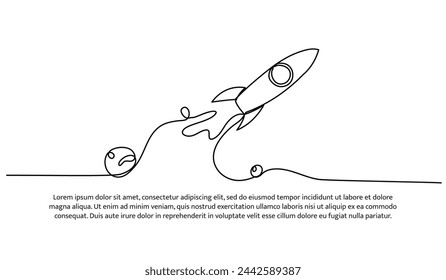 One continuous line of space exploration.Vector illustration of minimalist style on a white background.