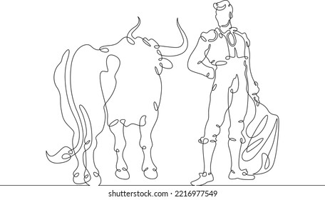 One continuous line. Spanish style bullfight. Spanish matador. Toreador in traditional costume. Bull in battle. One continuous line on a white background.