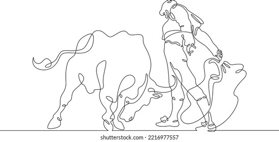 One continuous line. Spanish style bullfight. Spanish matador. Toreador in traditional costume. Bull in battle. One continuous line on a white background.