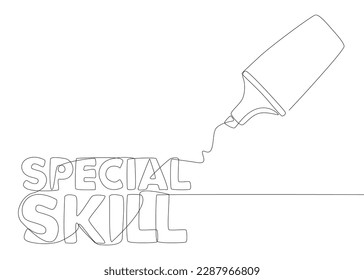 One continuous line of Special Skill word written by with felt tip pen. Thin Line Illustration vector concept. Contour Drawing Creative ideas.