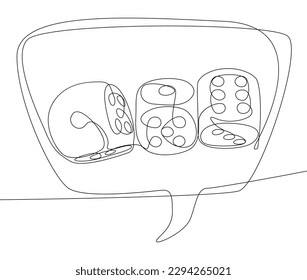 One continuous line of speech bubble with dice. Thin Line Illustration vector concept. Contour Drawing Creative ideas.