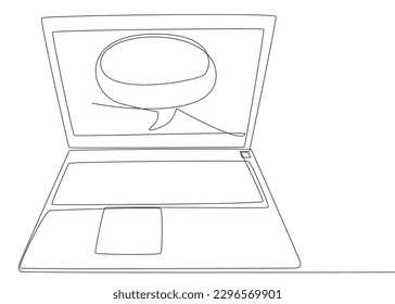 One continuous line of speech bubble with Laptop. Thin Line Illustration vector concept. Contour Drawing Creative ideas.